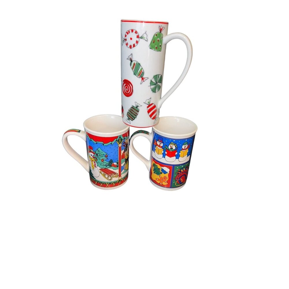Set Of 3 Holiday Mugs With Candy & Snowman Designs - Signature Housewares & Food